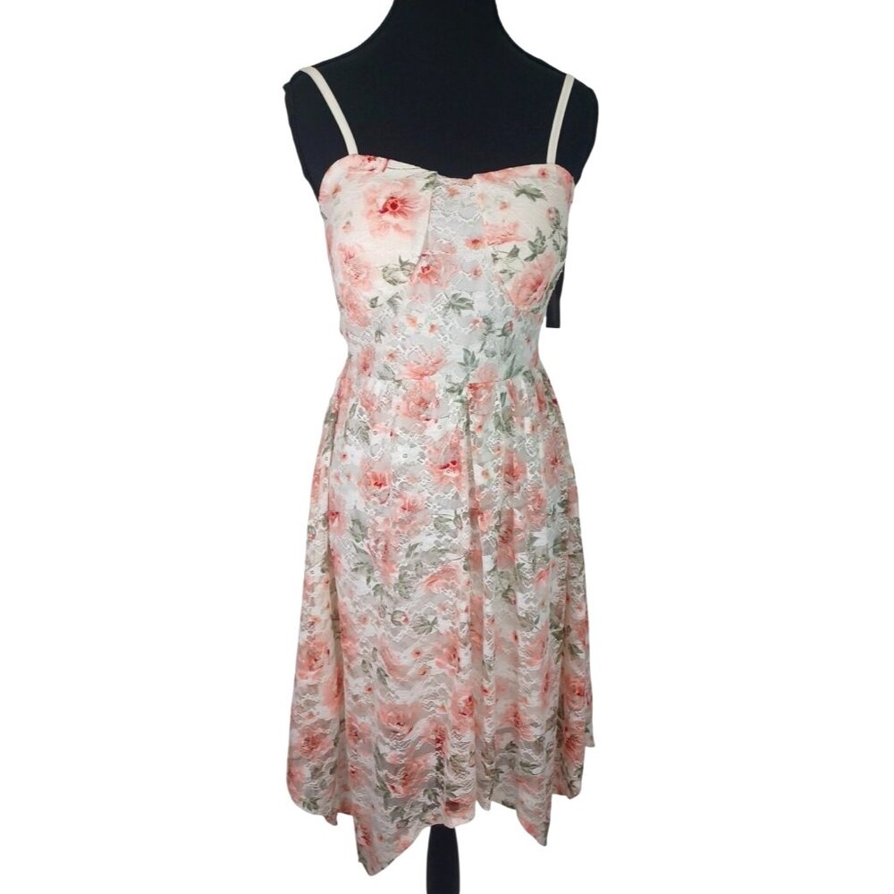 NWT Vintage Y2K Pink Lace Floral Lace Halter Dress S M Assymetric Hem Cottage